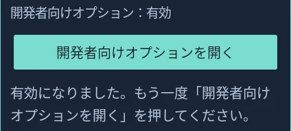 「開発者向けオプション：有効」と、もう一度押す案内